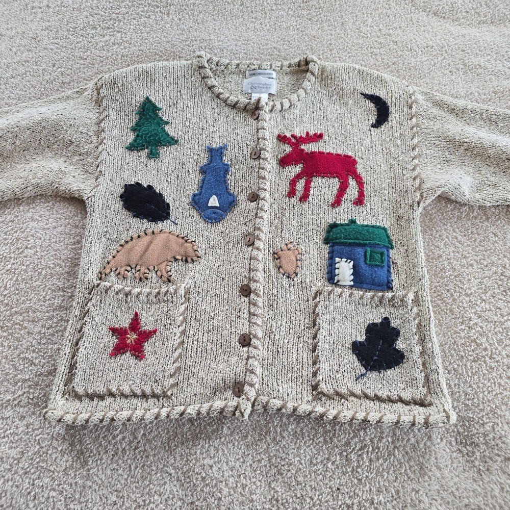 Vtg Christopher &Banks Hand Embroidered Cardigan Moose Bear Fish Woodland S NWT* - Picture 9 of 15